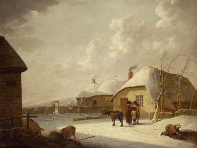 Figuras fora de uma casa de campo na neve de Hendrik Willem Schweickardt