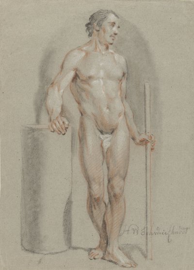 Homem nu em pé, segurando uma bengala, apoiando um cilindro de estúdio de Hendrik Willem Schweickhardt