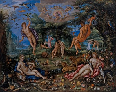 Os quatro elementos, com cenas de Gensis além de Hendrik de & Alsloot Denis van (c.1573-1625/26) Clerck