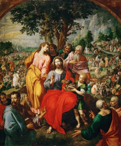 The Miracle of the Five Loaves and Two Fishes, de Clerck, Hendrick, de (ca. 1560-1630). Óleo sobre tela, ca. 1590. Dimensão : 203x167 cm. Museu de História de Arte, Viena de Hendrik de Clerck