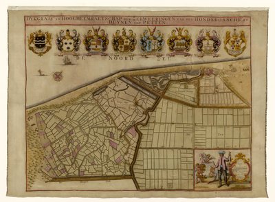 Mapa do Seawall de Hondsbossche e das dunas perto de Petten
Dykgraaf en hoogheemraetschap der Zeeweeringen van den Hondsbossche en Duynen tot Petten (título sobre o objecto) de Hendrik de Leth