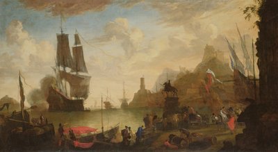 Vista de um porto italiano de Hendrik van Minderhout