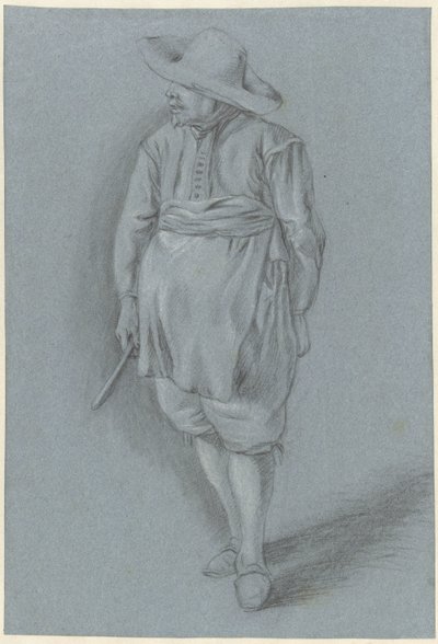 Homem em vestido do século XVII com chapéu, avental e faca de Hendrik van Velthoven (attributed to)