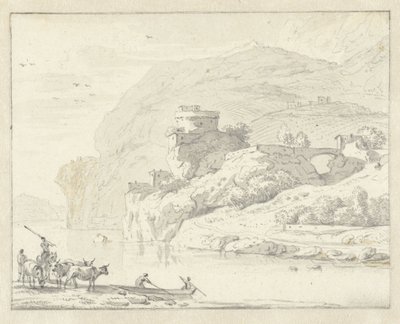 Paisagem montanhosa italiana com pastores e gado e duas figuras em um barco atravessando o rio de Hendrik van der Straaten (attributed to)
