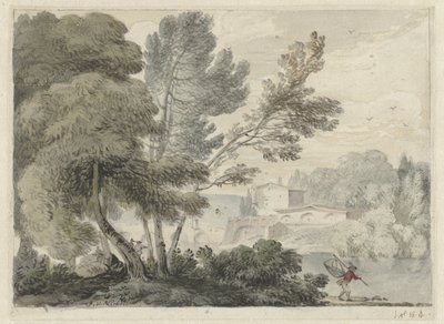 Paisagem do rio com um homem com uma rede de pouso em primeiro plano de Hendrik van der Straaten (possibly)