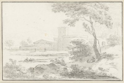 Paisagem italianizada com edifício fortificado ao fundo de Hendrik van der Straaten
