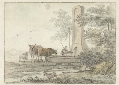 Paisagem italiana com pastor e seu gado e ovelhas em uma fonte de Hendrik van der Straaten