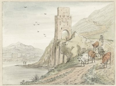 Paisagem fluvial italiana com montanhas e uma torre de portão de Hendrik van der Straaten