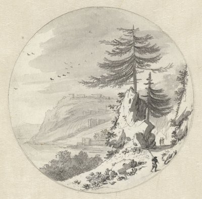 Paisagem costeira montanhosa com uma grande abeto de Hendrik van der Straaten