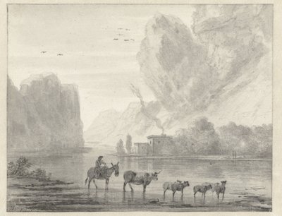 Paisagem do Rio Rocky com um Pastor com o seu Gado e Ovelhas de Hendrik van der Straaten