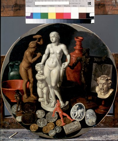 ""Natureza morta com uma coleção de curiosidades"" (Natureza morta com uma coleção de curiosidades) A ​​coleção de objetos incomuns do artista, incluindo uma estátua de mármore de Diana, medalhas, pequenos objetos esculpidos. Pintura de Hendrik van der de Hendrik van der the younger Borcht