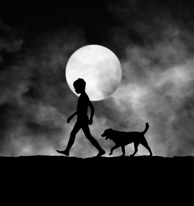 Criança e cão ao luar de Hengki Lee