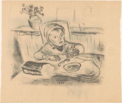 Criança com chapéu à mesa de Henk Henriët
