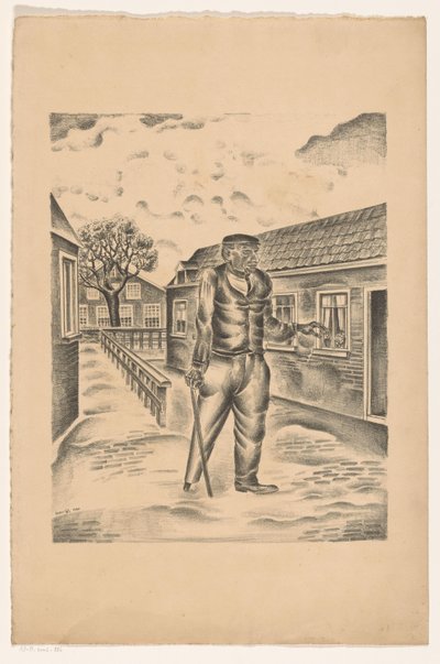 Homem com perna de madeira e cana numa rua da aldeia de Henk Henriët