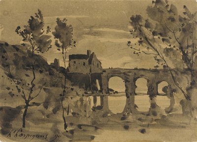 Paisagem fluvial com ponte e casa de Henri-Joseph Harpignies