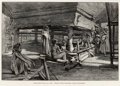 Mulheres Batak, grupo étnico do norte de Sumatra, tecelagem. Gravura de Laurent Desrousseaux para ilustrar a história "um ano na Malásia", de Jules Claine (1856-1939), em 1889-1890, em Le tour du Monde 1892, dirigido por Edouard Charton (1807-1891), Hachet de Henri Alphonse Louis Laurent Desrousseaux