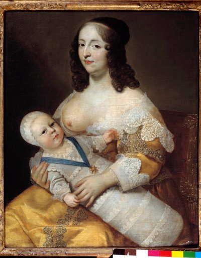 Representação do futuro rei Luís XIV (1638-1715) bebé, em fato de banho nos braços da sua enfermeira Marie de Longuet de la Giraudiere O peito da mulher é descoberto e pronto para amamentar a criança. Pintura de Charles (1604-1692) e Henri (1603-1677) de Henri Beaubrun