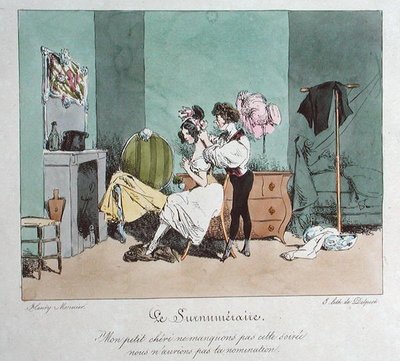Devoção acima do dever, ilustração de "Vues de Paris; esquisses morales et philosophiques", início do século XIX (color litho) de Henri Bonaventure (after) Monnier