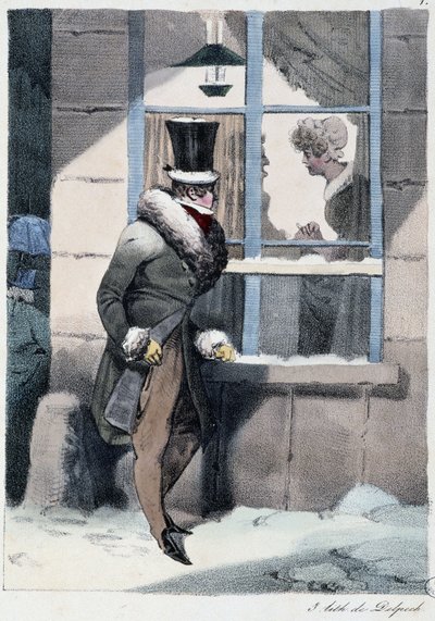 Um homem curioso a olhar pela janela dentro de uma casa: "Todos tomam o seu prazer onde ele o encontra" - em "Les pastemps" de Henri Monnier, Ed. Delpech, Paris de Henri Bonaventure Monnier