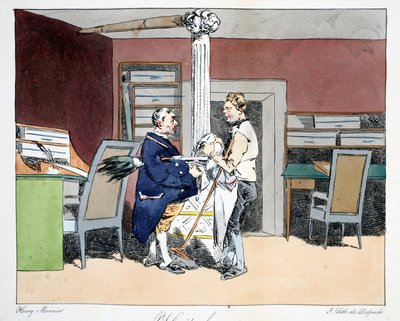 Oito horas, ilustração de &39;Administrative Mores, Drawn From Nature&39;, de Henri Monnier, litografada por Delpech, pub. Paris, c.1828 (litho colorido à mão) de Henri Bonaventure Monnier