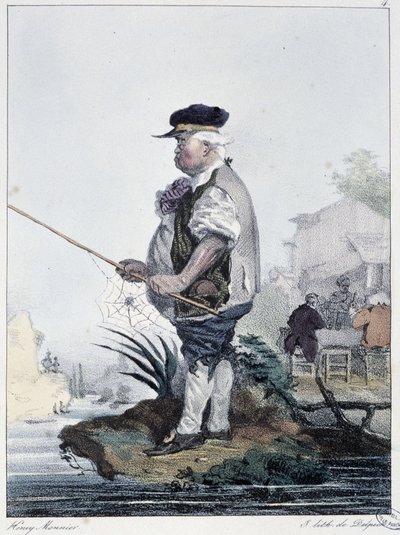 Man fishing:" Everyone takes his pleasure where he find him" - em "Les pastemps" de Henri Monnier, ed. Delpech, Paris de Henri Bonaventure Monnier