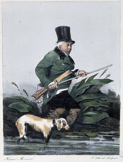 Um homem a caçar com o seu cão: "Todos levam o seu prazer onde ele o encontra" - em "Les pastemps" de Henri Monnier, Ed. Delpech, Paris de Henri Bonaventure Monnier