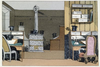 Duas horas: passeios no interior do Ministério, chapéus substituem os ausentes - em "Administrative mores" por Henri Monnier de Henri Bonaventure Monnier