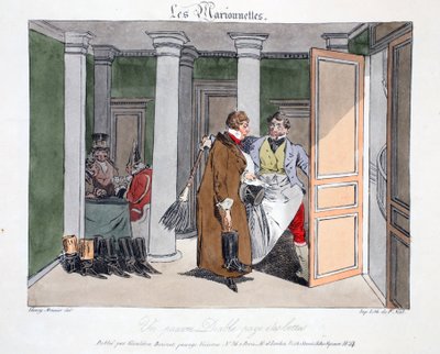 Um pobre diabo paga pelas botas, ilustração de "The Puppets", de Henri Monnier, litografada por Delpech, pub. Paris, c.1828 (litho colorido à mão) de Henri Bonaventure Monnier