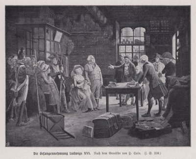 Prisão do Rei Luís XVI de França e da sua família em Varennes enquanto tentava escapar após a Revolução Francesa de Henri Cain