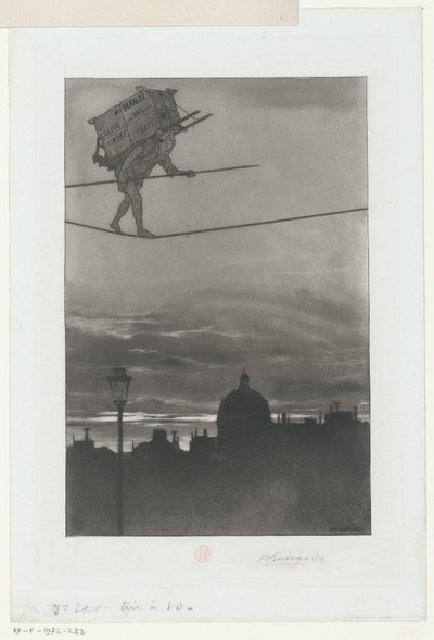 Andarilho de corda bamba com pacote nas costas sobre uma cidade
Página de título para: Henri Béraldi, Les Graveurs du XIXe siècle (...), 1888 de Henri Charles Guérard (signed by artist)