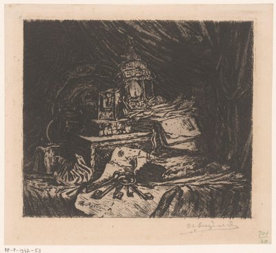 Natureza morta com chaves e lanterna de Henri Charles Guérard (signed by artist)