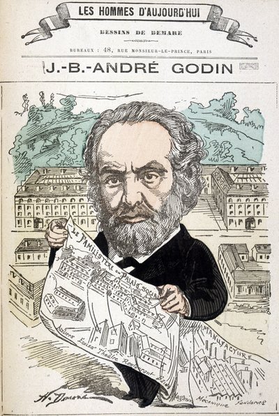 Jean Baptiste André Godin (1817-1888), industrialista fundador da família. Desenho de Demare em "Os homens de hoje". de Henri Demare