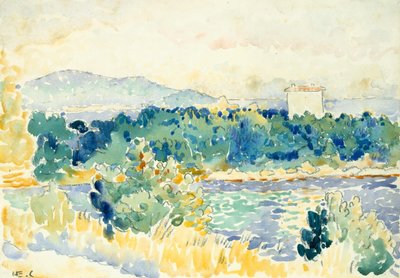 Paisagem mediterrânea com uma casa branca, 1900-1905. de Henri Edmond Cross