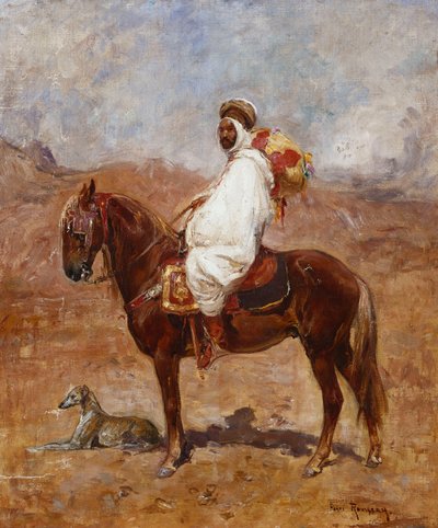 Um árabe em um cavalo em uma paisagem de deserto de Henri Emilien Rousseau