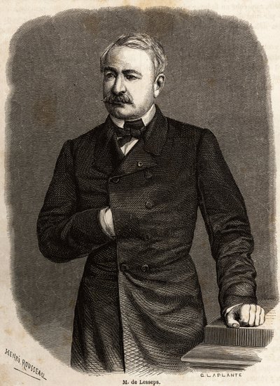 Retrato do diplomata e empresário Ferdinand de Lesseps (1805-1894), promotor dos dois ambiciosos projetos: os canais de Suez e Panamá, desenho de Henri Rousseau, para ilustrar uma excursão ao Canal de Suez em 1862 por Paul Merruau. Gravura em " de Henri Emilien Rousseau