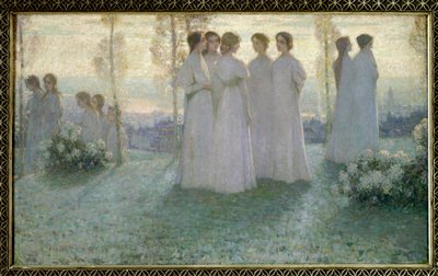 No domingo, Mulher vestida de branco falando em um jardim - Pintura de Henri Eugene (Henri-Eugene) Le Sidaner (1862-1939) de Henri Eugene Augustin Le Sidaner