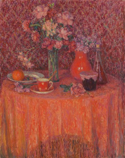 A mesa, harmonia em vermelho; Le Table, Harmonie Rouge de Henri Eugene Augustin Le Sidaner