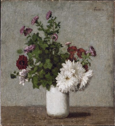Natureza-morta floral: crisântemos de outono num vaso branco de Henri Fantin-Latour