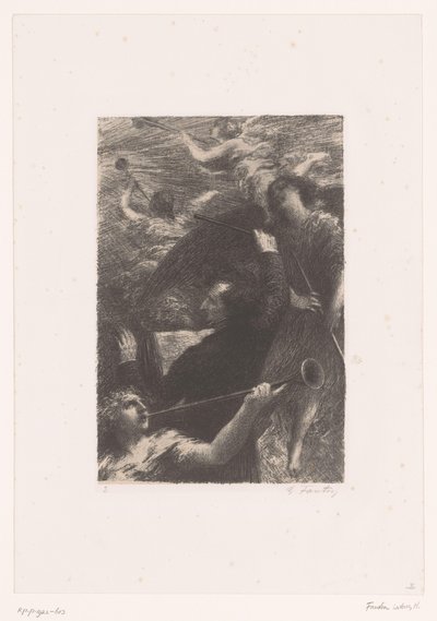 Berlioz rege entre quatro anjos que tocam trombetas Tuba mirum spargens sonum Vida e obra de Hector Berlioz (título da série) de Ignace Henri Jean Fantin Latour