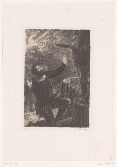Cellini se ajoelha diante de sua estátua de bronze de Perseu Benvenuto Cellini. Ato III. La Fonte du Persee Vida e obra de Hector Berlioz (título da série) de Ignace Henri Jean Fantin Latour