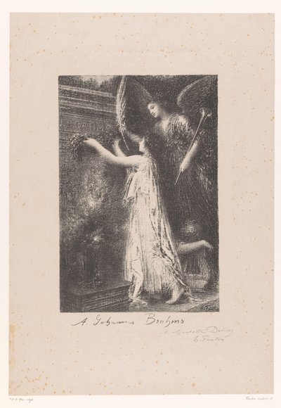 Anjo e personificação da fama trazem coroa de honra no túmulo de Johannes Brahms Á Johannes Brahms (título no objeto) de Ignace Henri Jean Fantin Latour