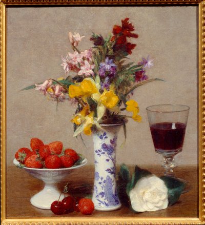 Natureza morta chamada noivado Um copo de vinho tinto, um bouquet de melange, cerejas e morangos. Pintura de Henri Fantin Latour (Fantin-Latour) (1836-1904) 1869 Sol. 0,32x0,29 m Grenoble, musee des Beaux Arts de Ignace Henri Jean Fantin Latour