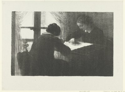 Duas mulheres bordam à mesa pela janela no interior Interior dos brodeuses L