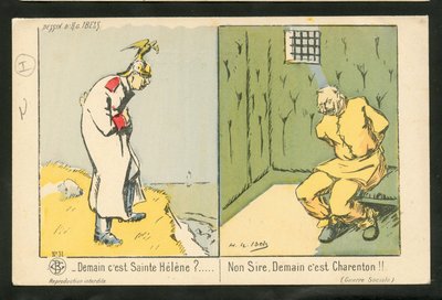 Cartão Postal, Satirical in Colors: Amanhã é Santa Helena? Não, senhor. Amanhã é Charenton - Guerra de 14 -18, Folie - William II Ilustração de H. G. Ibels (1867-1936) de Henri-Gabriel Ibels