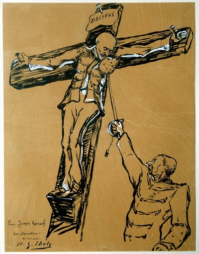 Sátira sobre o caso Dreyfus: "Capitão Dreyfus e General Mercier (1833-1921): o ministro da guerra que sentenciou Dreyfus, no lugar do soldado romano, estende uma esponja ao Capitão Dreyfus crucifica para que ele limpe o rosto" tinta chinesa e gouac de Henri Gabriel Ibels