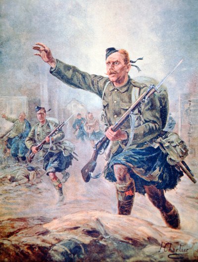 Escoceses Highlander usando um kilt em batalha na Frente Ocidental (cor litho) de Henri Georges Jacques (after) Chartier