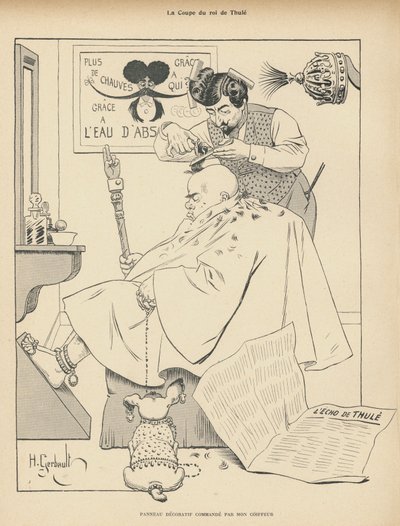 Corte de cabelo do Rei de Thule: um homem no barbeiro (litho) de Henri Gerbault