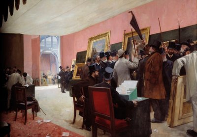 Uma sessão do júri de pintura no Salon des artistes français (1883) no Palais de l