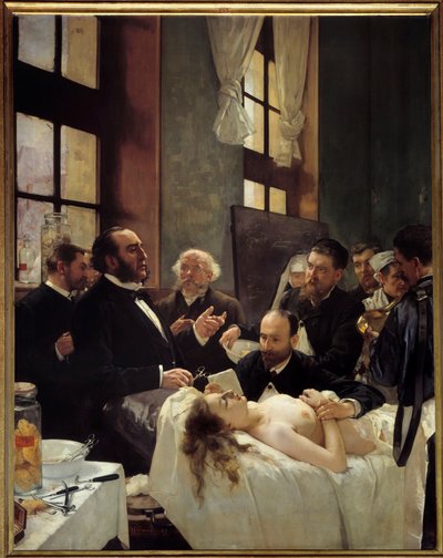 Dr. Jules Emile (Jules-Emile) Pean (1830-1898) ensinando no hospital Saint Louis a sua descoberta do beliscão de navios ou "Antes da operação" Pintura de Henri Gervex (1852-1929) 1887 Sol. 2,42x1,88 m Paris, musee d