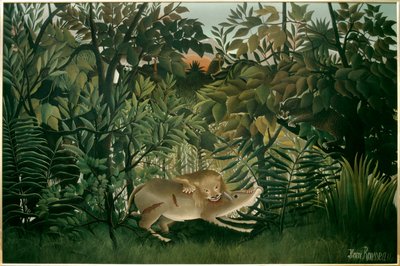 Leão esfomeado. Pintura de Henri Rousseau dit Le Douanier Rousseau (1844-1910), século XX. Óleo sobre tela. Dim: 2,00 X 3,00m. Bale, Museu de Belas Artes de Henri J.F. Rousseau